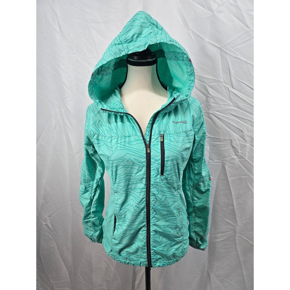 Avalanche Women's Lightweight Hooded Windbreaker Jacket Aqua Geo Print Size S